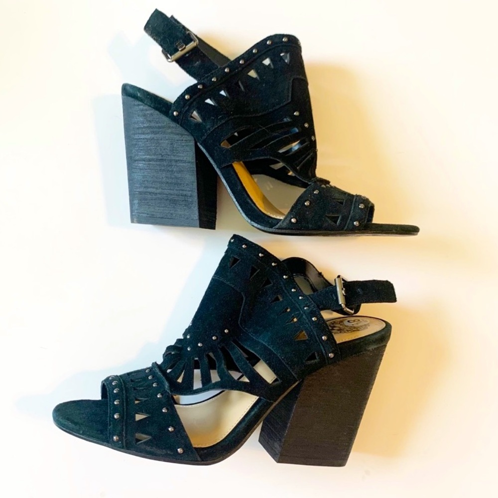 Vince Camuto Black Suede Studded Chunky Heeled Sandals